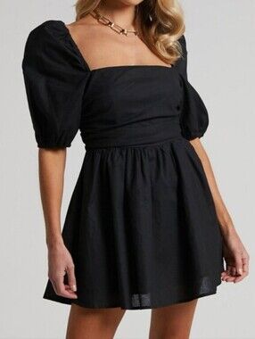 Showpo Claudina Black Mini Dress Puff Sleeve Ruched Bodice Dress NEW